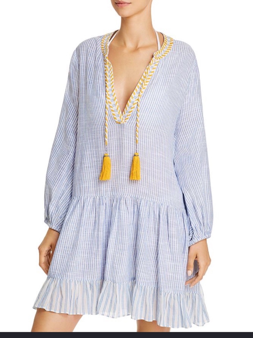 Shoshanna Blue & White Striped Tassel V-Neck Coverup Dress